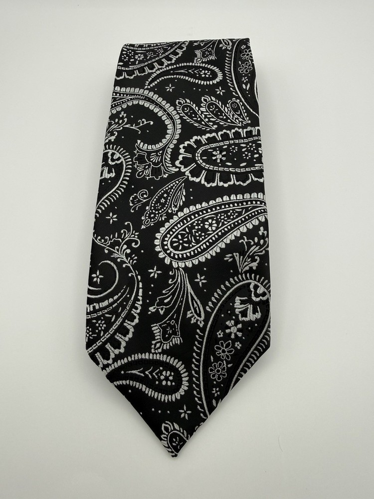 Adolfo Men's Tie Handmade Necktie Polyester Black White Paisley