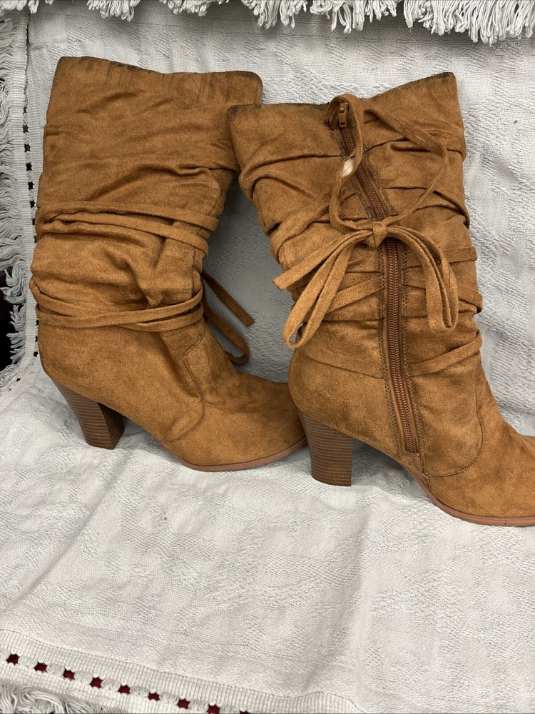 Lower East Side Tan Faux Suede Boots Size Women's 8 Mid Calf  Need Heel Bottoms