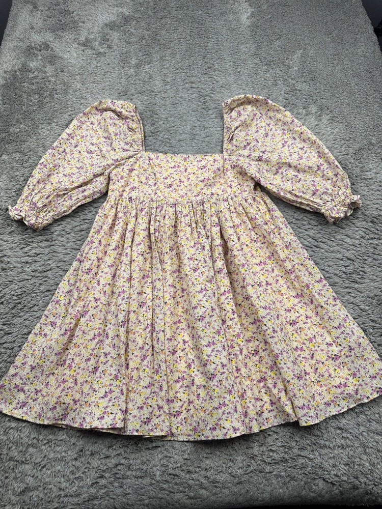 Storia Dress Women Large Beige Floral Puff Sleeve Babydoll Peasant Sweetheart