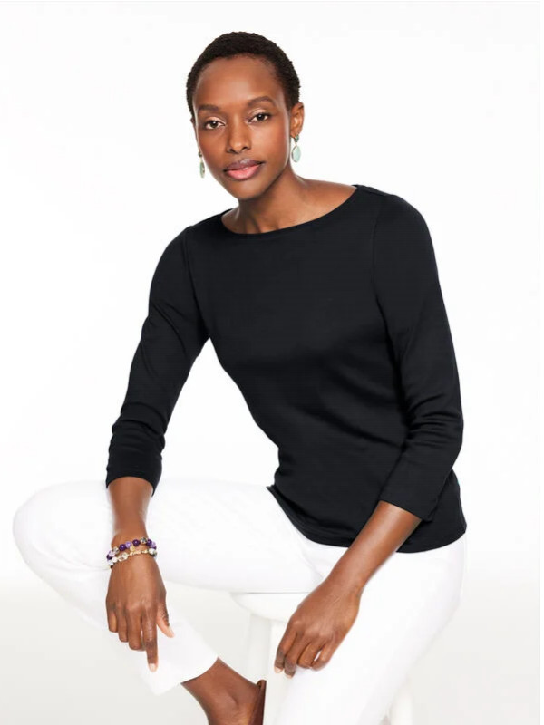 Talbots Women's Solid Bateau Neck Tee Pima Cotton, BLACK