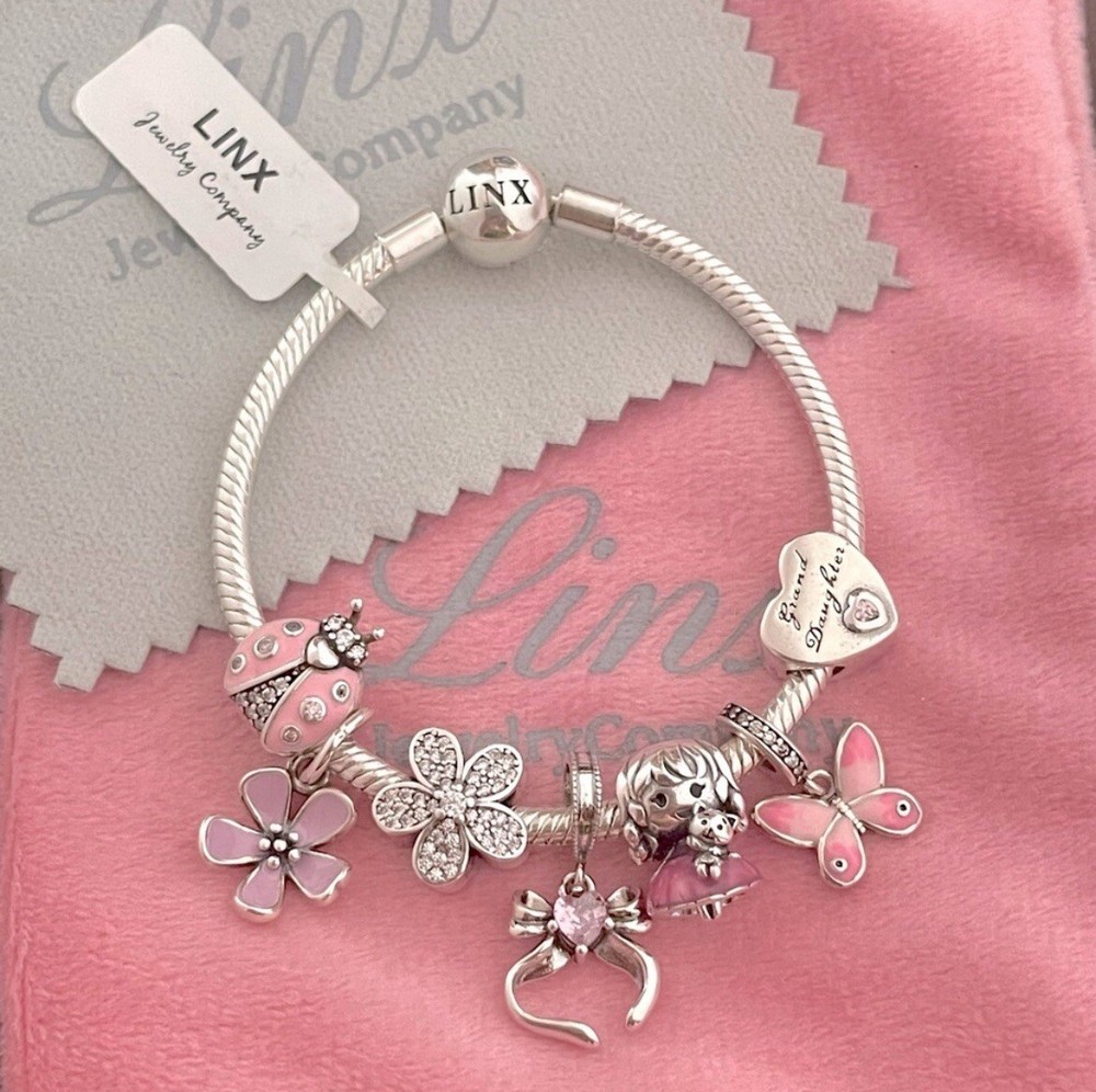 Linx Silver Snake Chain Bracelet with Pink Granddaughter Themed Charms