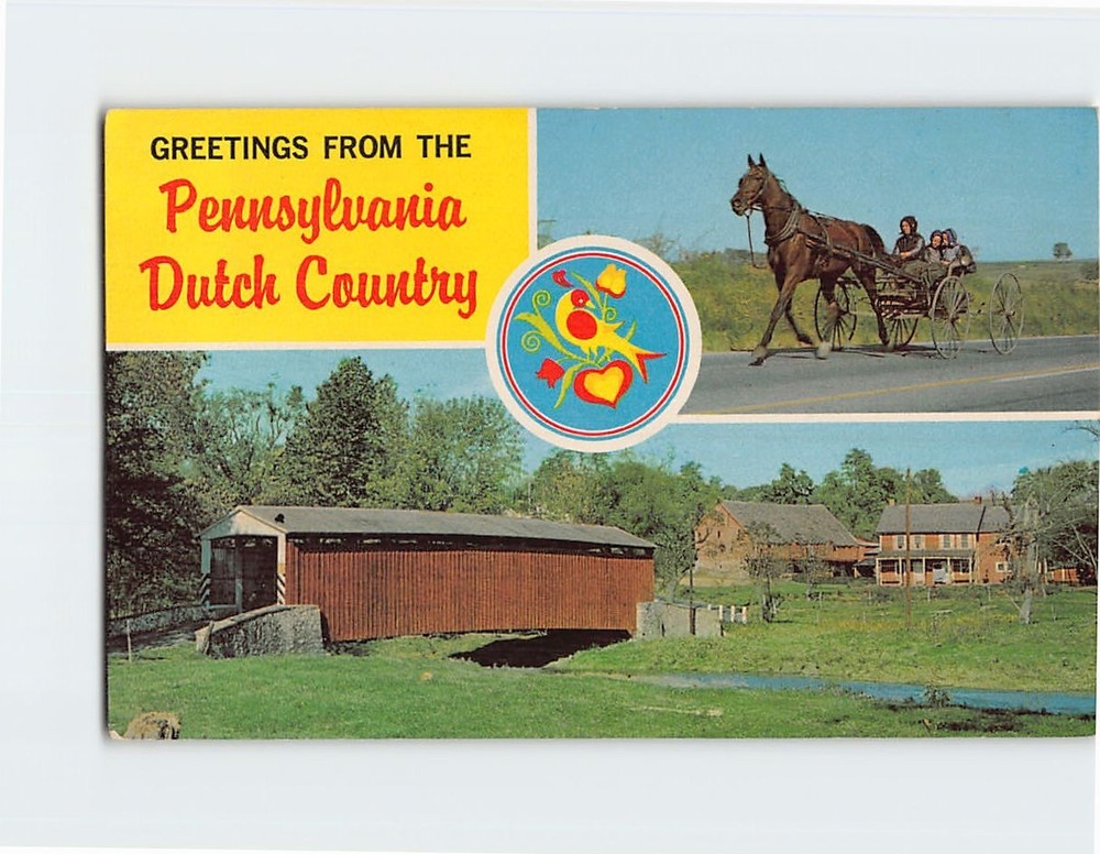 Postcard Amish Horse Buggy and Wooden Covered Bridge Pennsylvania USA
