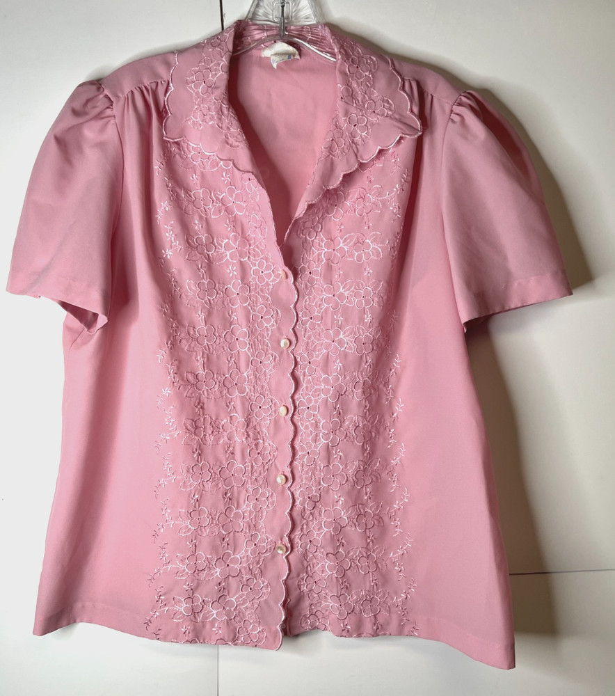 Vintage 80s Lainee Womens Size 14 Pink Embroidered Blouse Short Sleeve Button Up