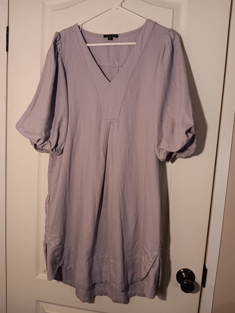 Cynthia Rowley Gray Linen Blend Puff Sleeve V-Neck Knee Length Dress Size L