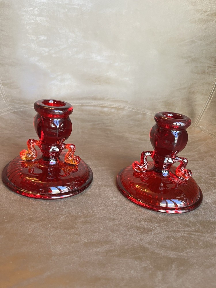 Vintage Fenton Ruby Amberina Glass Candle Holders Koi Fish Dolphin