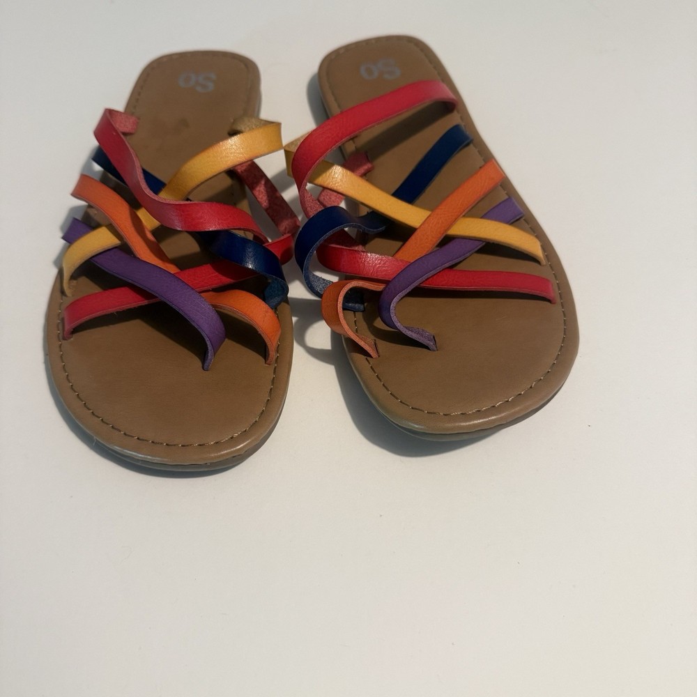 SO Women's Rainbow Strappy Open Toe Slide Flat Sandals Flip Flops Slippers 9M