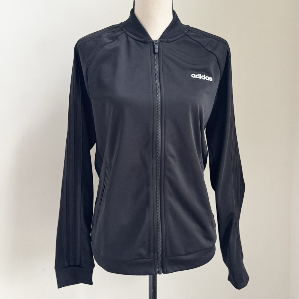 Adidas Women Black Track Jacket 3 Stripe M Full Zip Y2K Sporty Logo Classic Gym