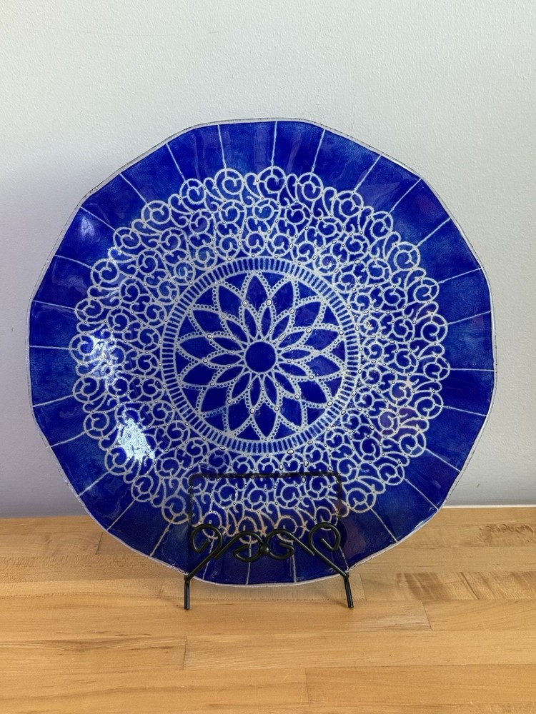 Vintage Sydenstricker Cobalt Blue Fused Art Glass Plate 13.5” inch