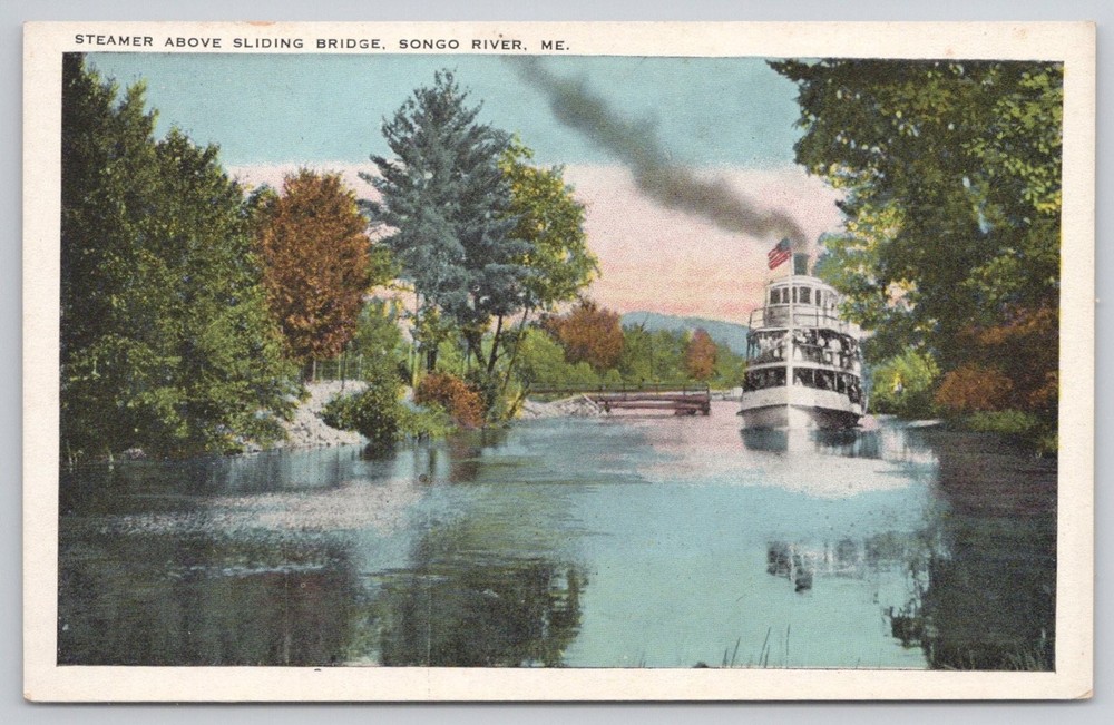 Steamer Above Sliding Bridge Songo River Maine ME Postcard 1910s White Border