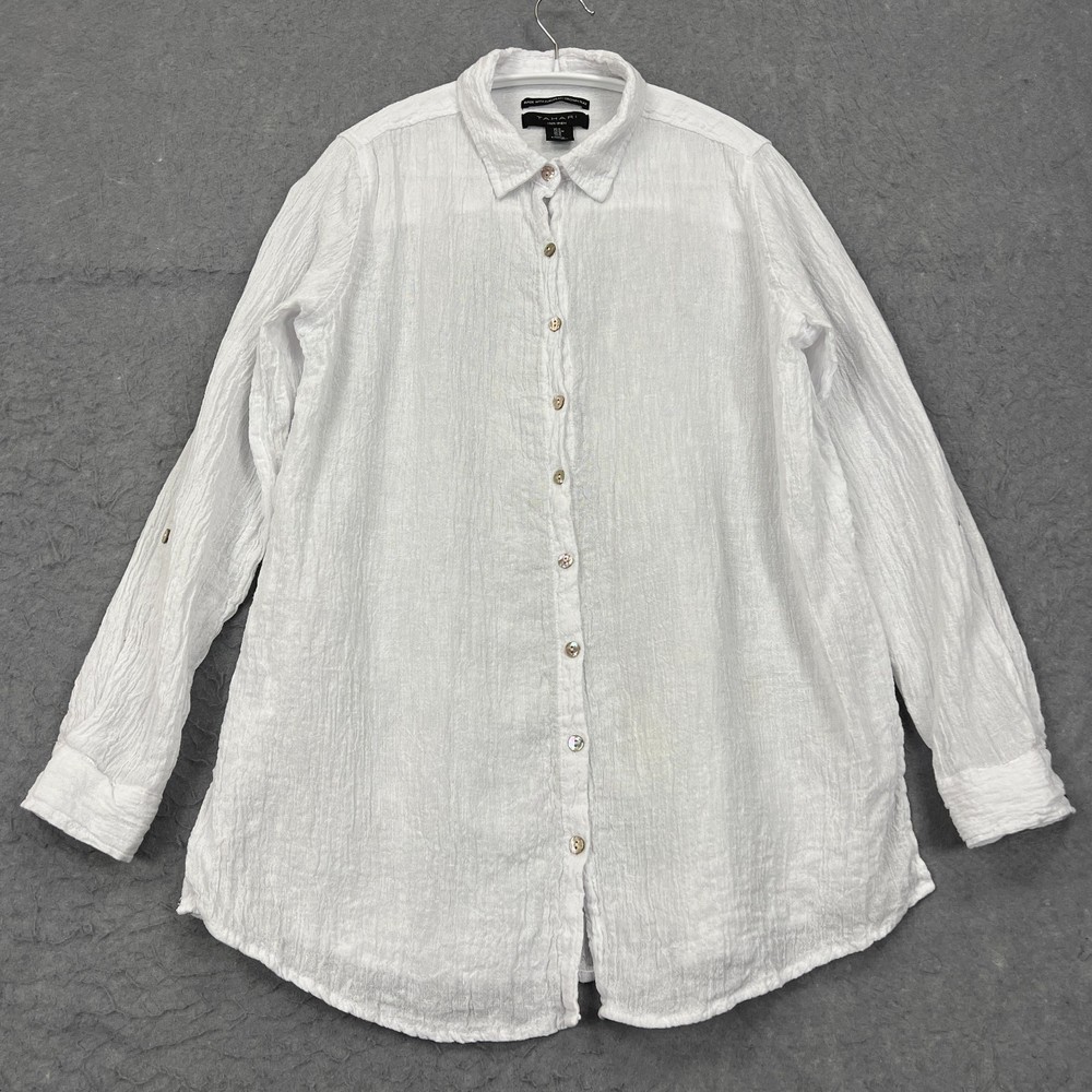 Tahari Shirt Womens Medium White European Flax 100% Linen Textured Button Up Top