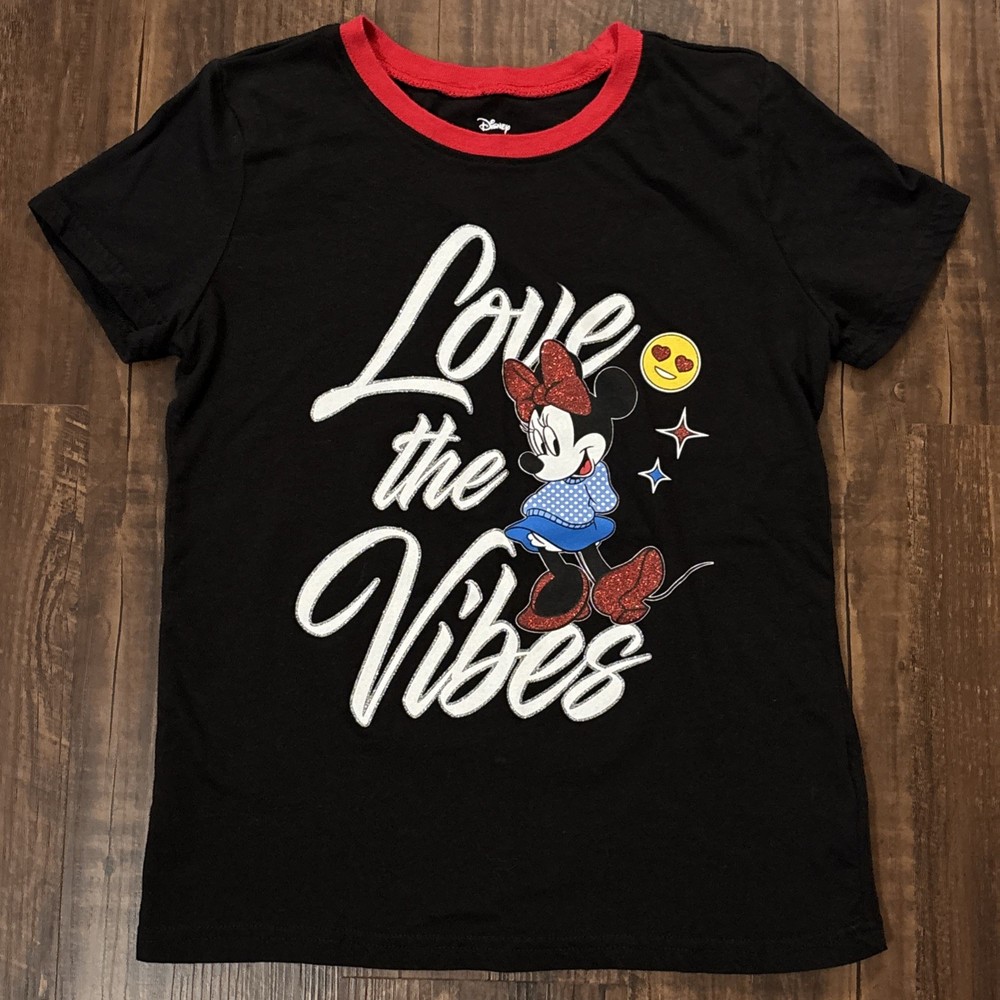 Disney Minnie Mouse “Love the Vibes” T-Shirt Black Red Youth L 10/12 Glitter Tee