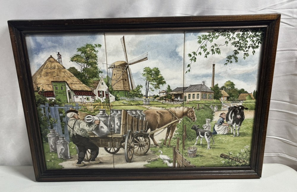 Signed Vintage J C Van Hunnik 6 Ceramic Dutch Tiles Framed Art Rare Horses Farm