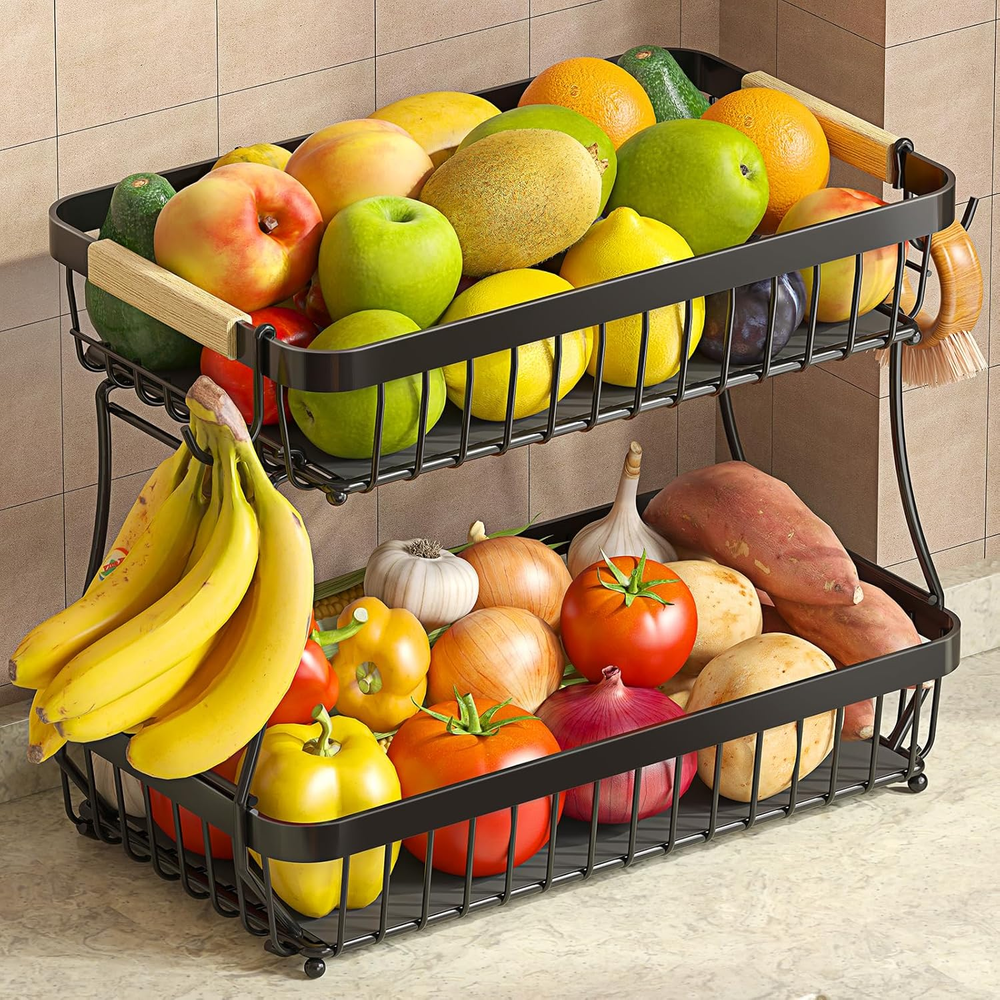 2 Tier Fruit Basket for Kitchen Counter with 2 Mobile Banana Hangers, 2025 Pro D