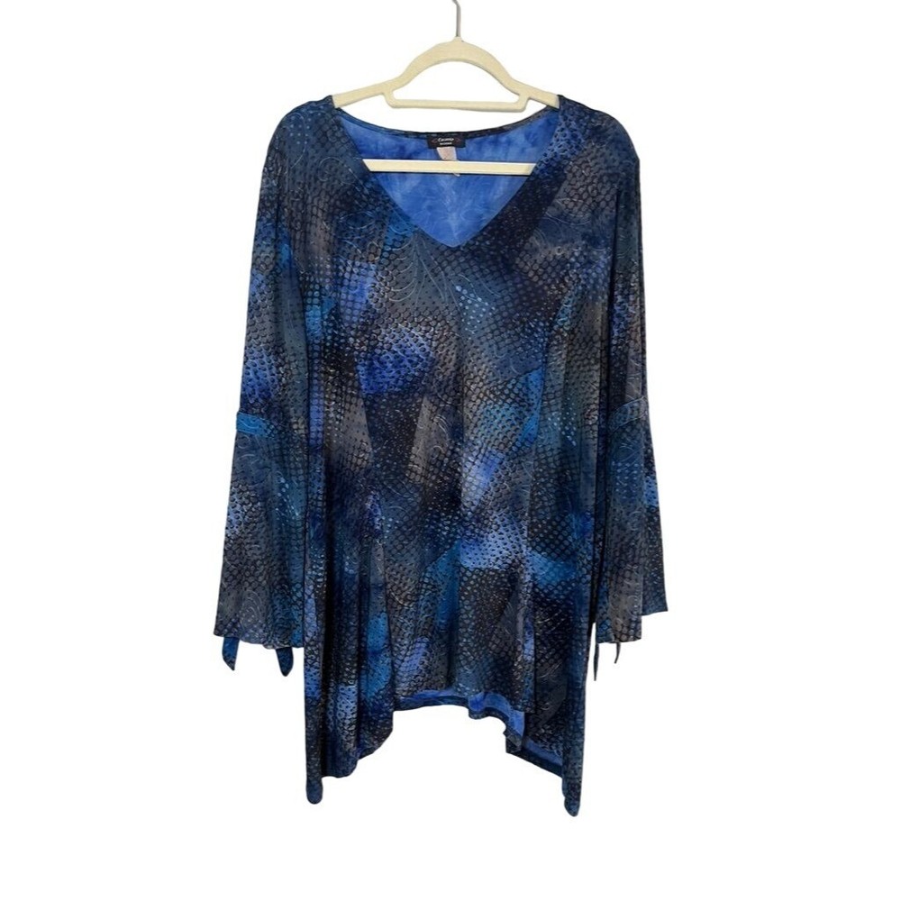 Cocomo Women Top Size 2X Blue V Neck Pullover Black Snake Skin Pattern Ties Plus