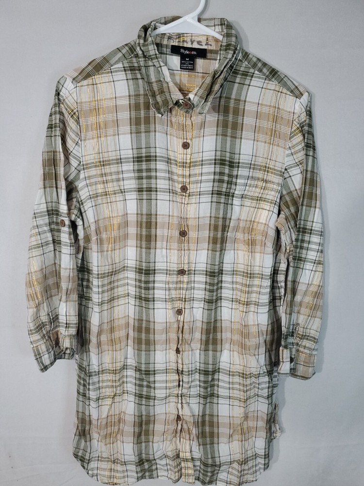 Style & Co Button Up Shirt Women’s Size Medium Plaid Metalic Thread Collared