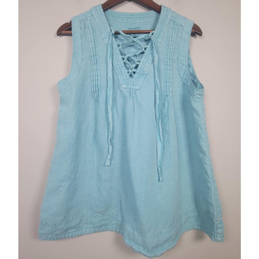 Artisan NY Womens S 100% Linen Tunic Top Sleeveless Lace Up Blue