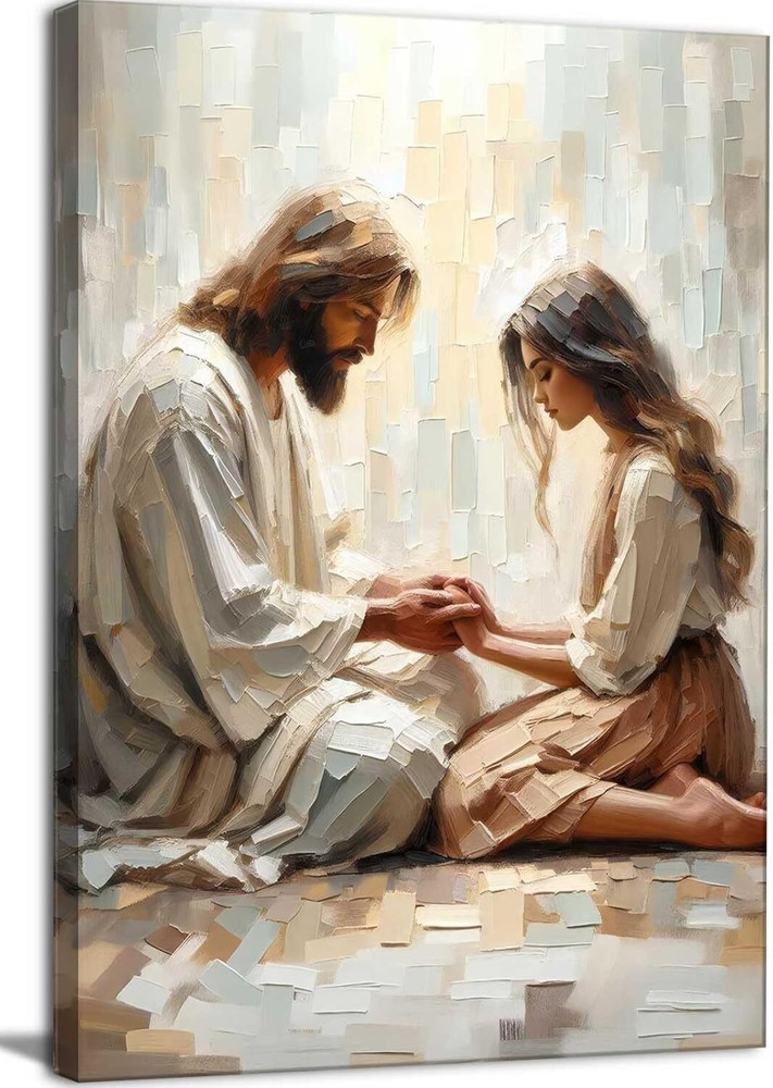 Jesus Canvas Wall Art and Woman Praying Painting 16x24in canvas, white