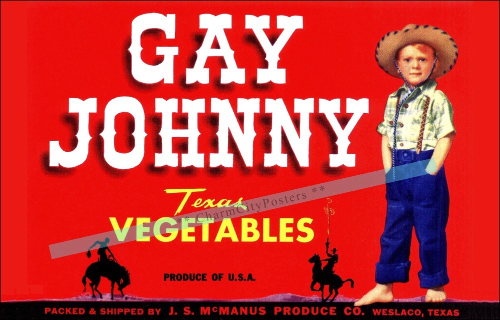 Vintage Gay Johnny 1950 Texas Vegetables Retro Crate Label Poster