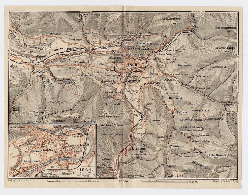 1910 Original Antique City Map Of Bad Ischl / Vicinity Of Bad Ischl / Austria
