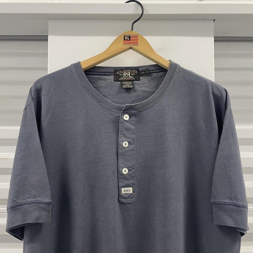 Vintage 90s RRL Ralph Lauren Blue Henley button up Short Sleeve Tshirt XL/XXL