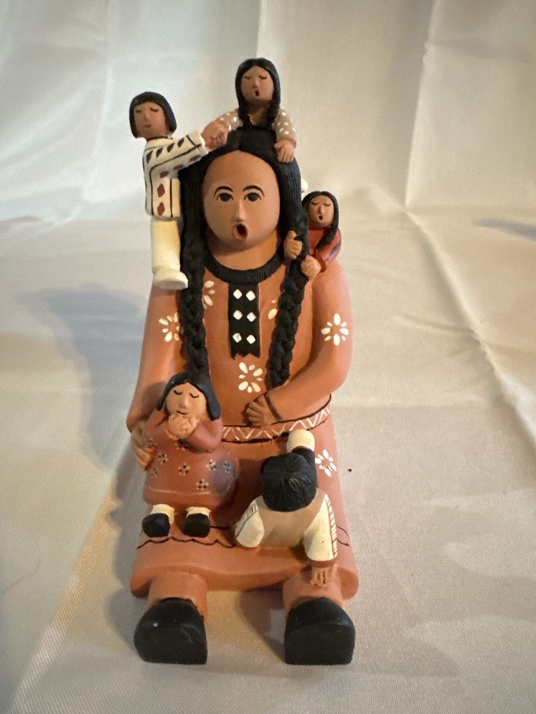 Resin Painted Family Figurine, People Theme, Brown Black White, 7 in