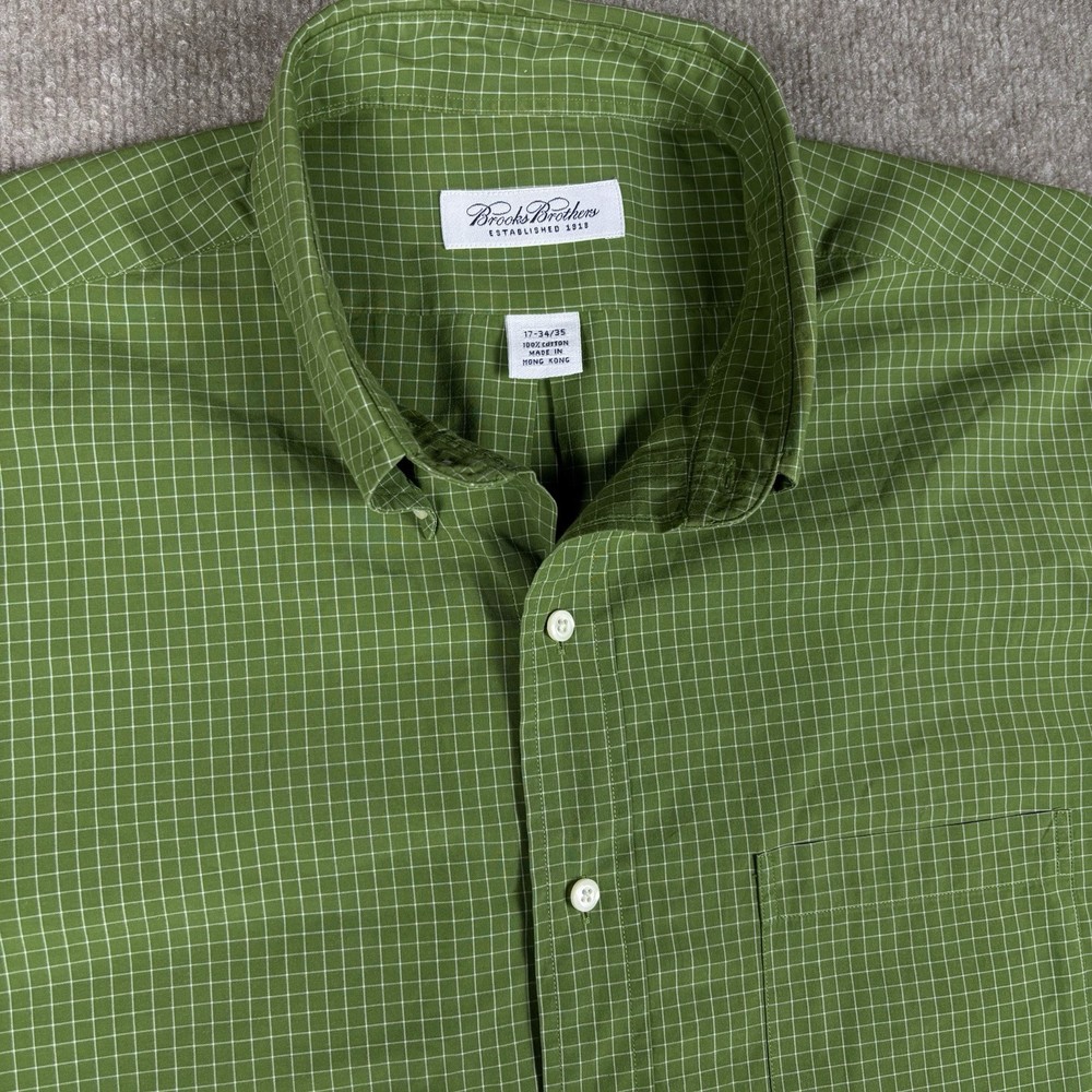 Brooks Brothers  Men's Green Check Cotton Long Sleeve Button-Down Shirt 17-34/35