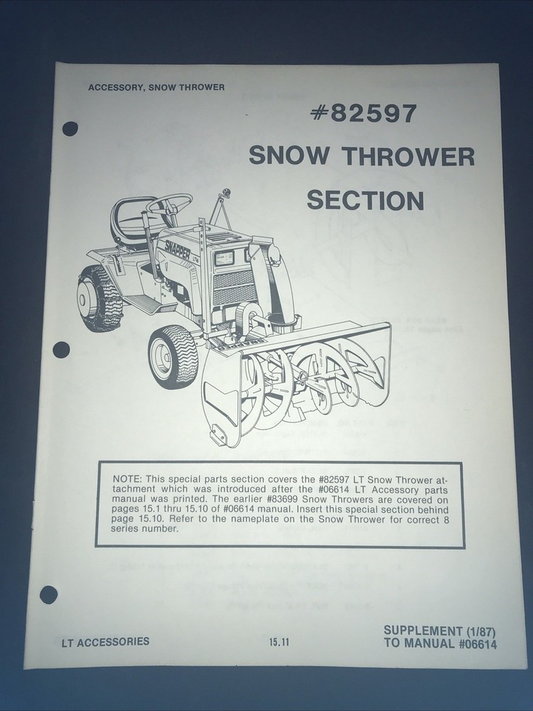 Snapper 82597 Snow Thrower Parts Manual