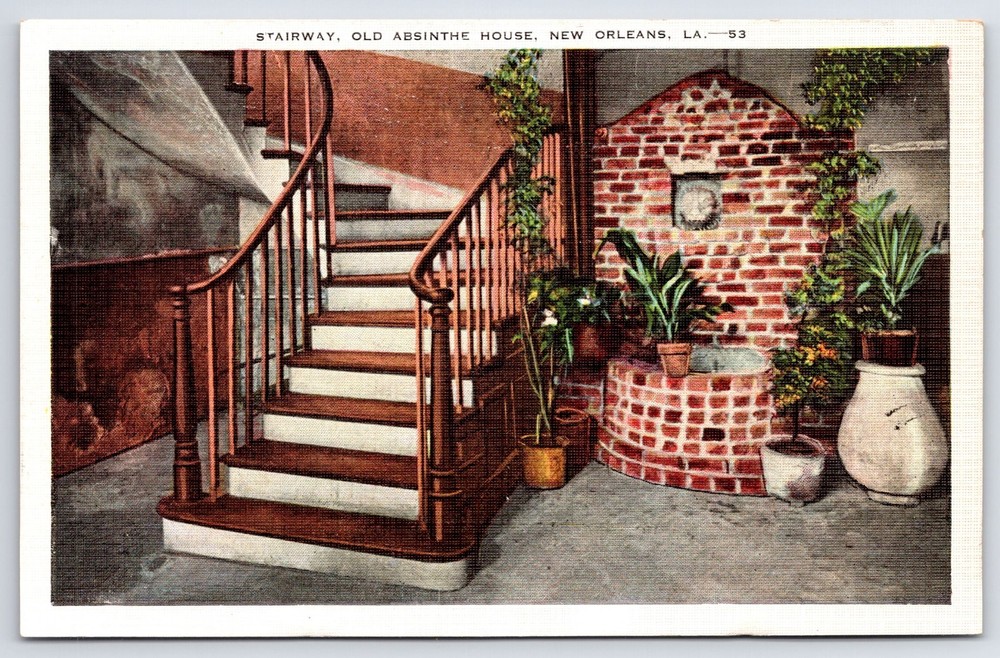 Postcard LA New Orleans Stairway Old Absinthe House Linen Vintage PC N2603-image