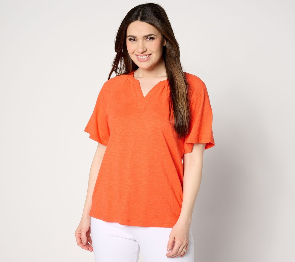 Denim & Co. Women's Top Plus Sz 1X Linen Blend Flutter Short Orange A650472