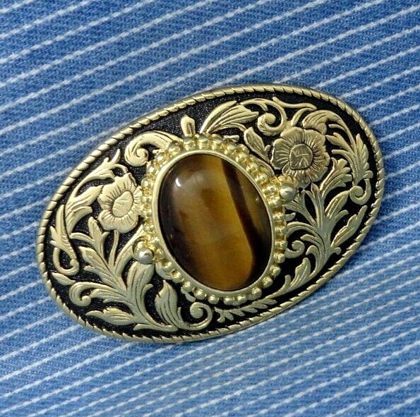 Classic Western Cowboy Dress Belt Buckle Tigers Eye Stone Vintage 80s .BMW794