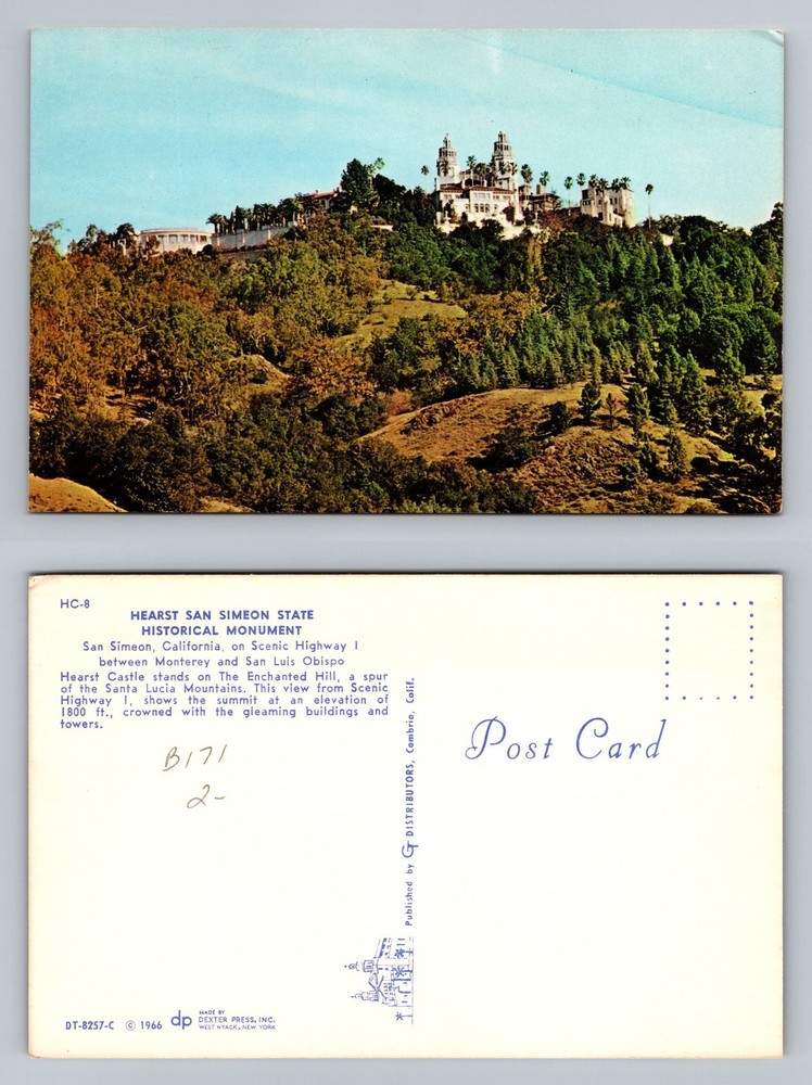 San Simeon, California, Hearst Castle Aerial Hilltop View c1966 Vintage Postcard