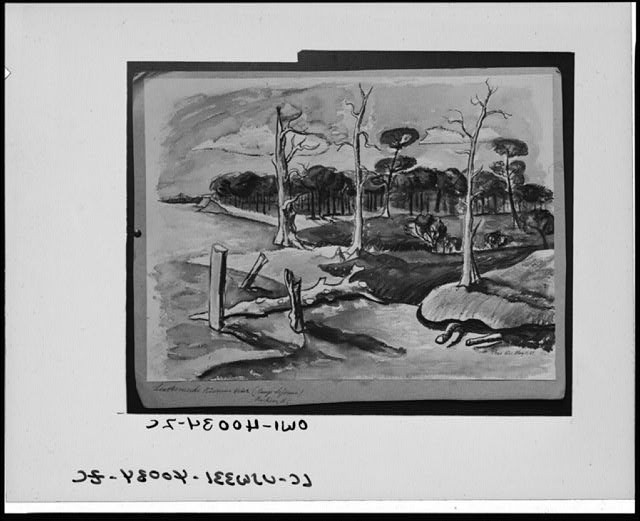 Photo:1940s Untitled Landscape Painting Trees Shoreline Sketch