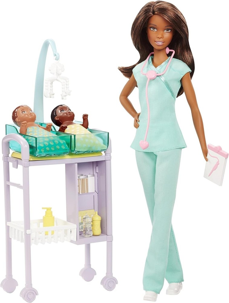 BARBIE You Can Be Anything Brunette Baby Doctor Doll Playset 2 Babies GKH24 NEW