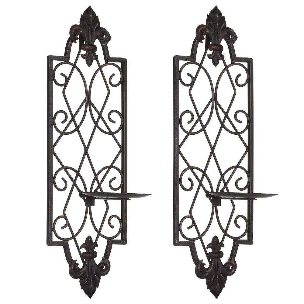Set of 2 Metal Wall Sconce Candle Holders, Fleur De Lis Detailed