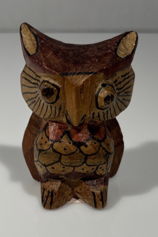 Vintage Folk Art Carved Wood Owl Figurine Hand Painted