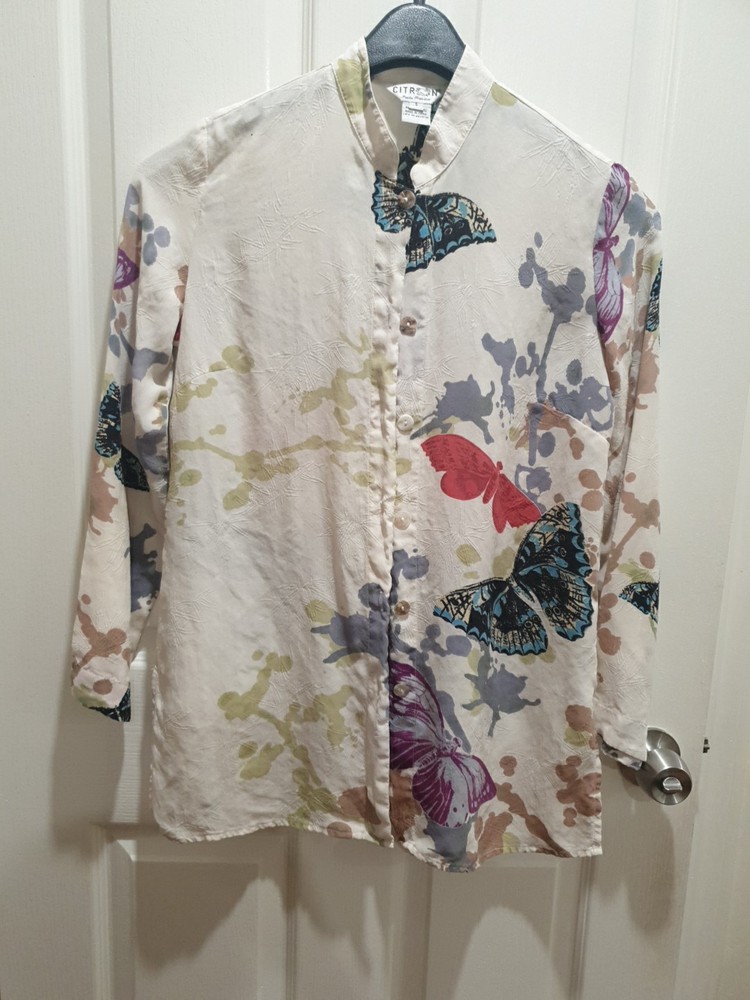 Citron Santa Monica Silk Asian Top Blouse Butterfly Floral Women's Sz  Small