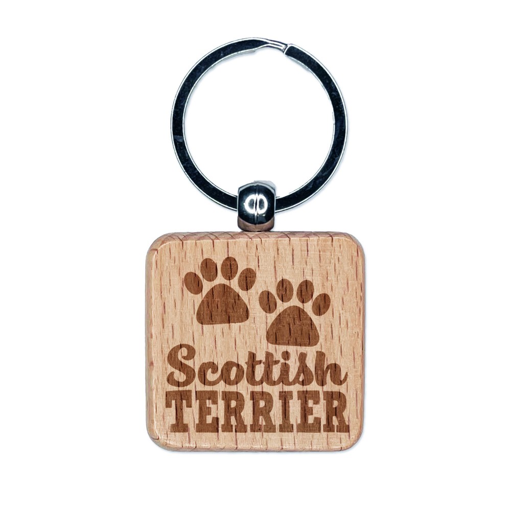 Scottish Terrier Paw Print Engraved Wooden Keychain Charm with Fun Text