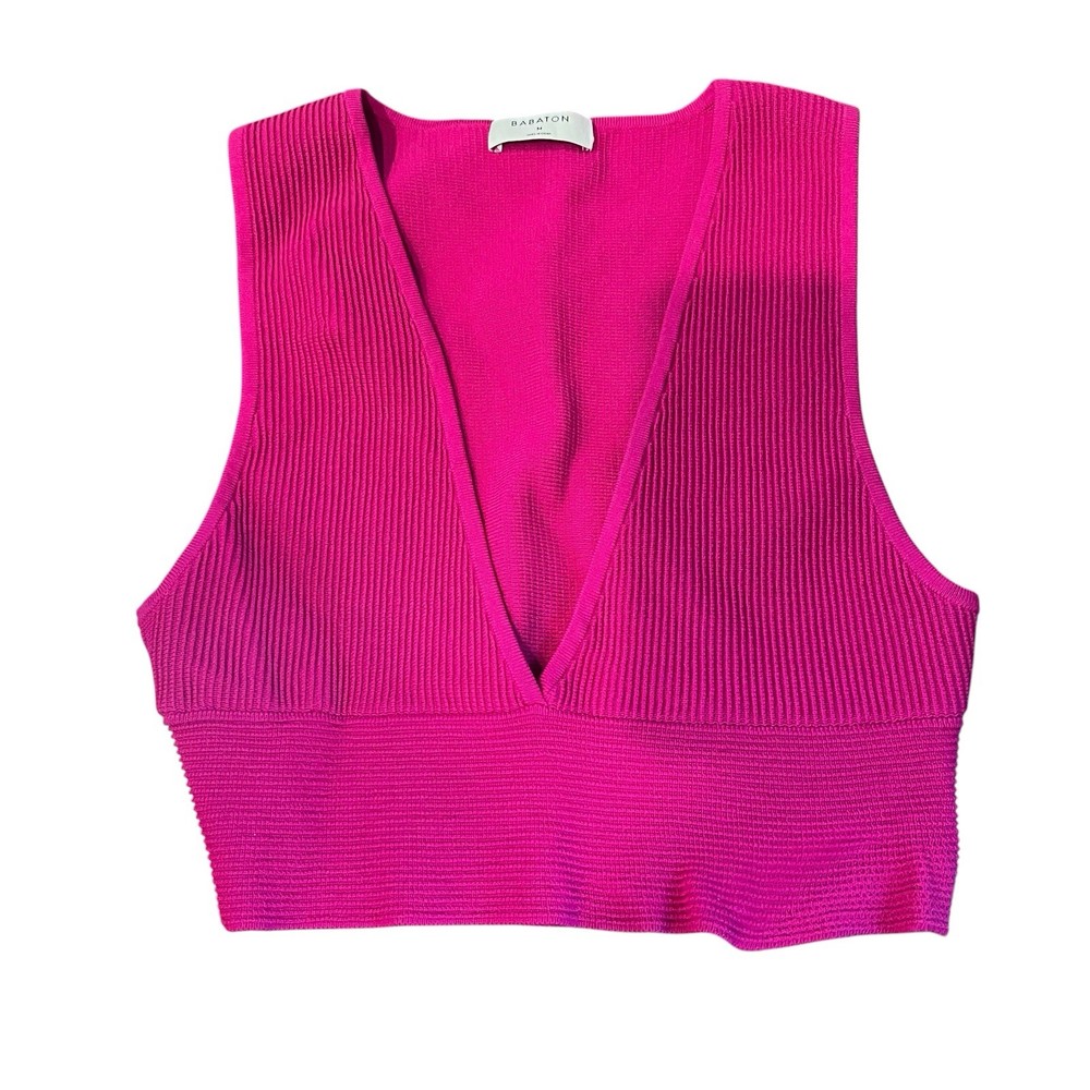 Aritzia Babaton Crop Tank Top Women Medium Pink Ribbed Sculpt Knit V Neck