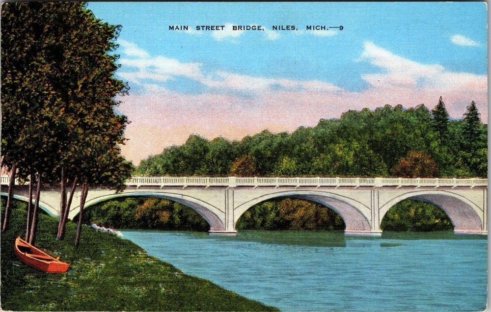 Niles MI- Michigan, Main Street Bridge, Scenic View, Vintage Postcard
