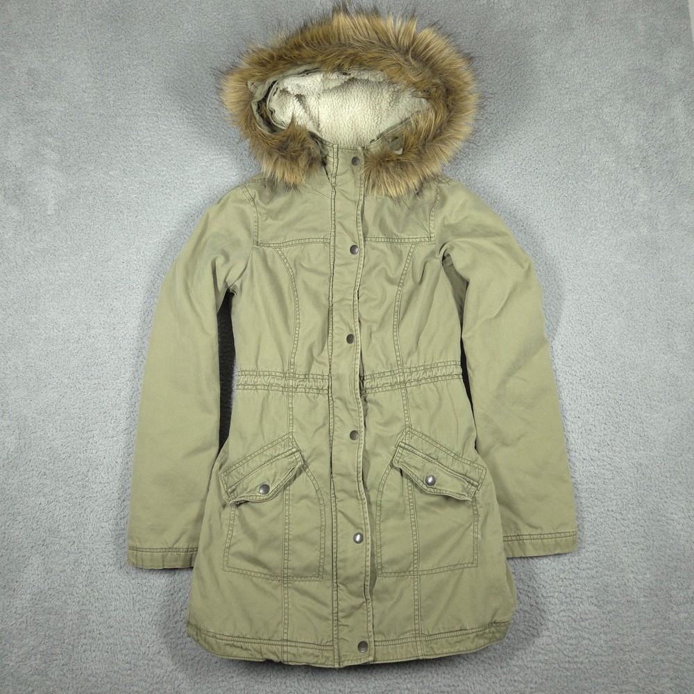 Hollister Coat Women's Small Green Faux Fur Hood Sherpa Lined Utility Parka