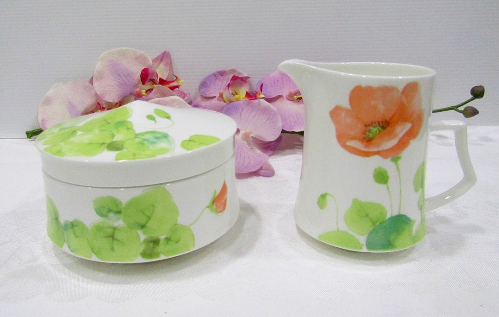 Mikasa Water Flowers Peach Bone China Sugar and Creamer Narumi Japan #A4187