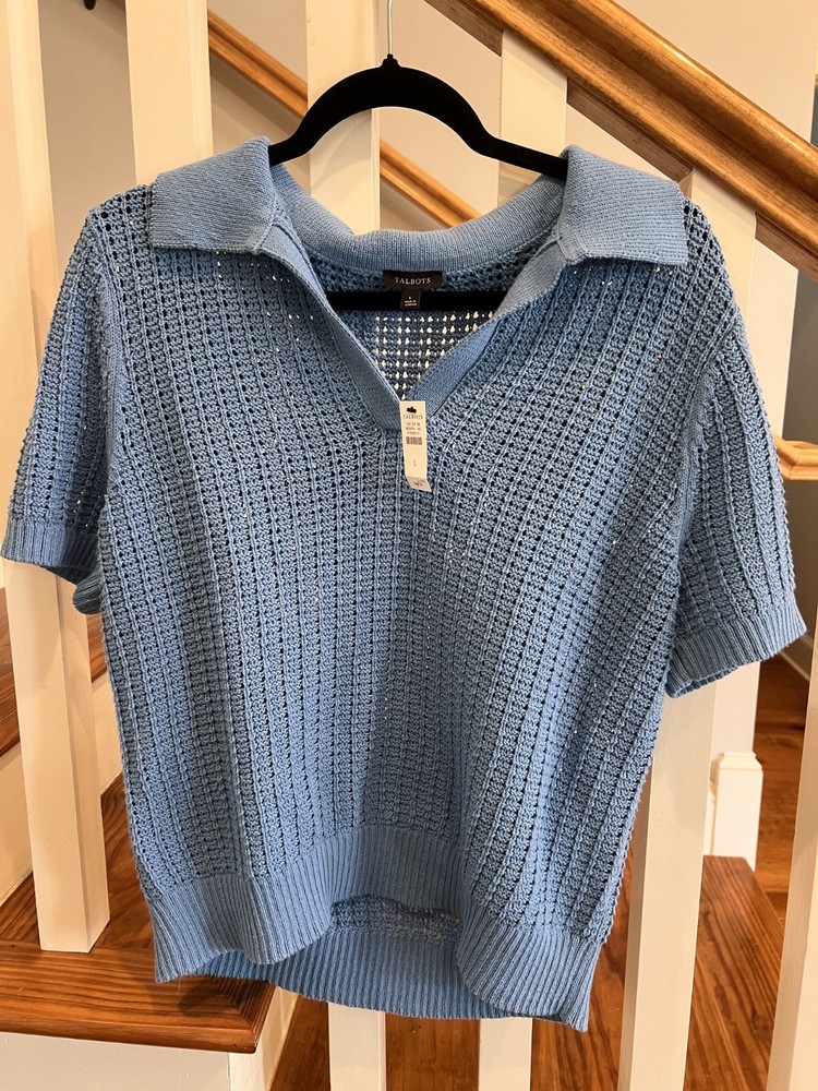 Talbots Light Blue Pointelle Stitch Open Knit Polo Sweater Womens L NWT