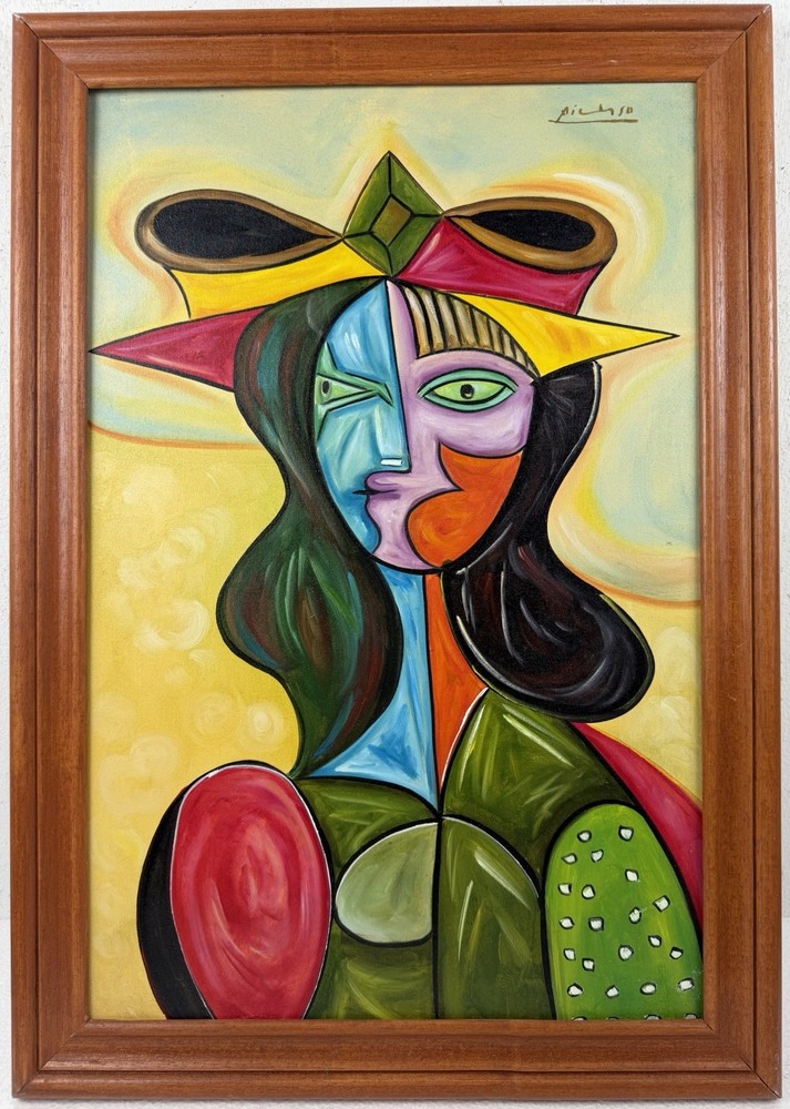 Pablo Picasso (Handmade) Oil On Canvas Signed & Stamped Framed Painting, Vtg Art