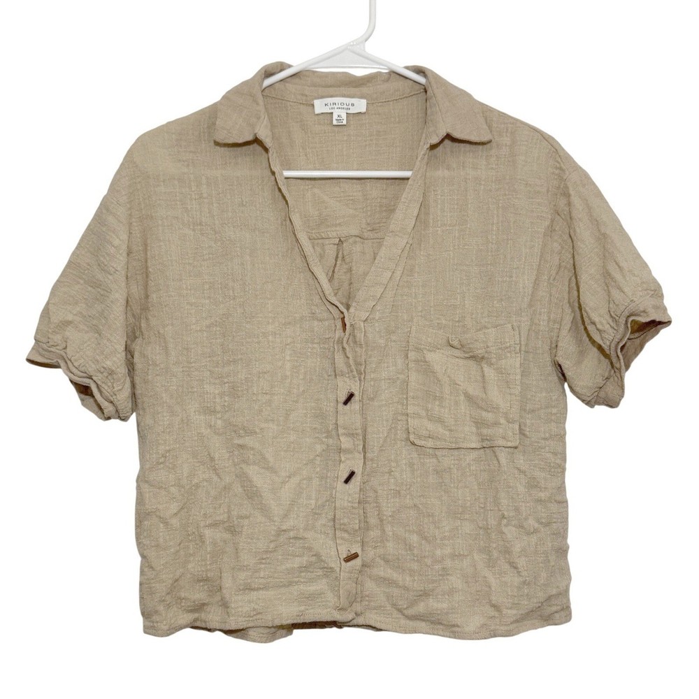 Kirious Los Angeles Tan Textured Short Sleeve Button Up Shirt Womens XL Toggle