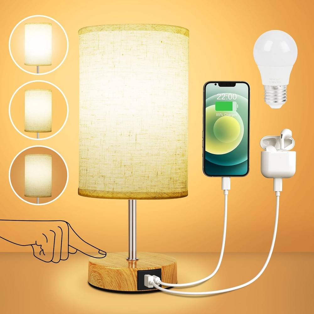 Bedside Table Lamp for Bedroom - 3 Way Dimmable Touch Lamp USB C Charging Ports