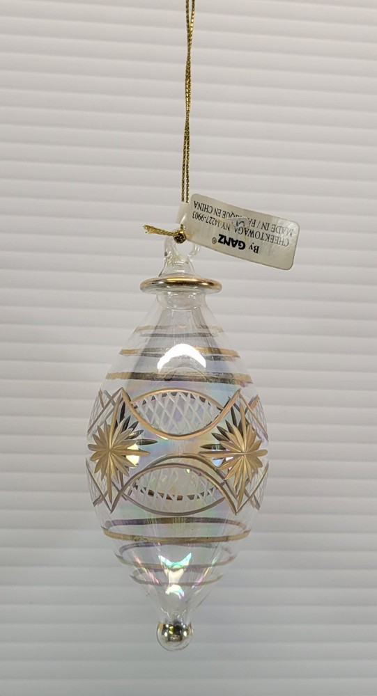 *B41) Ganz Teardrop Hand Blown Clear Glass Gold Tone Accent Christmas Ornament-image