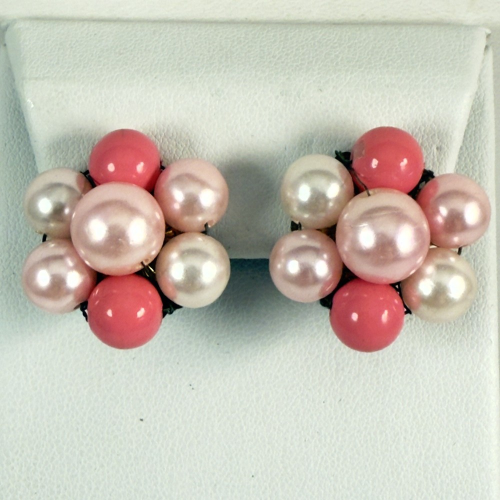 Vintage 1950s Japan Pink Beaded Faux Pearl Cluster Clip on Earrings