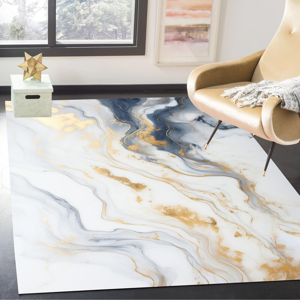 Grey Gold Modern Abstract Rug with Golden Marble Design for Living Room