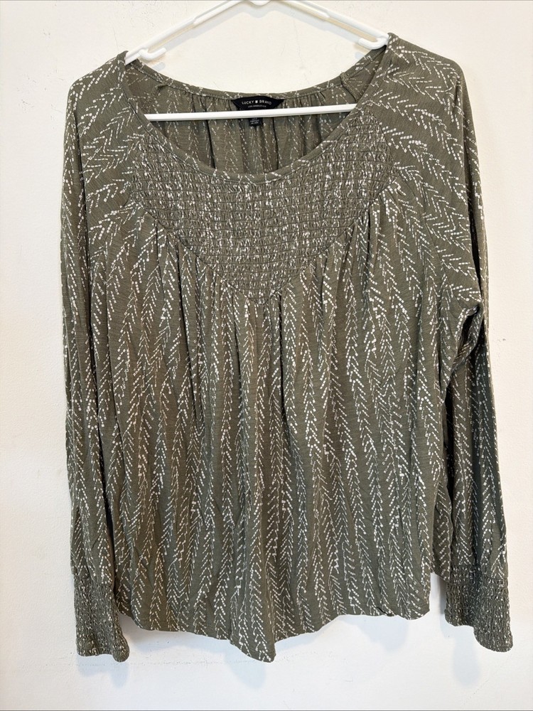 Lucky Brand Olive Green Boho Smocked Peasant Womens Long Sleeve Flowy Blouse L