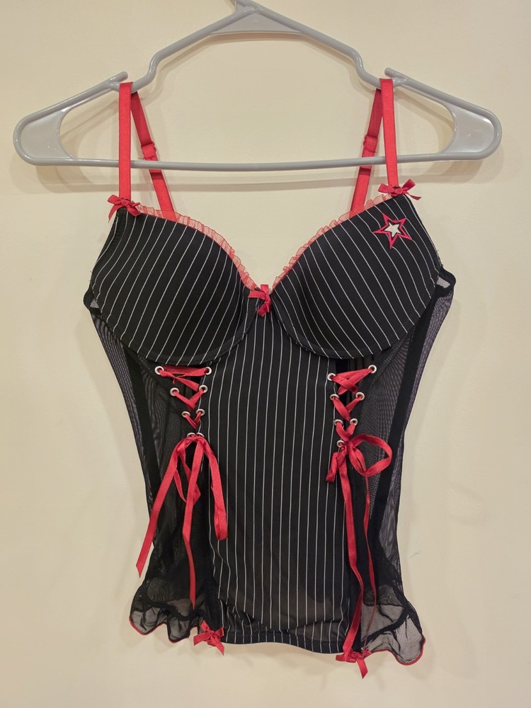 Vintage Y2K Morbid Threads Corset Cami Top 34B Pinstripe Emo Scene Bustier